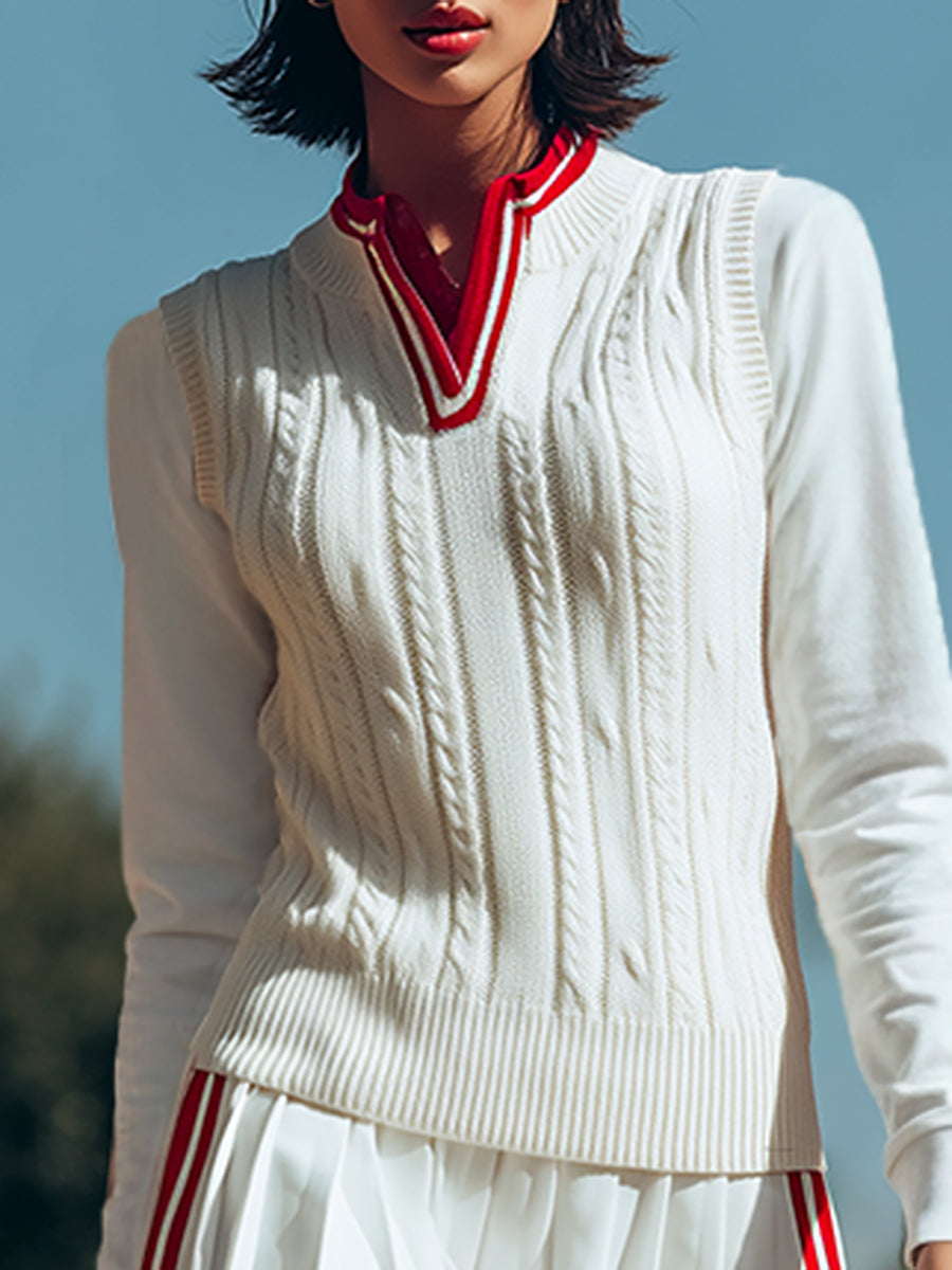 Retro Sports Style Stand-up Collar Sleeveless Knitted Vest