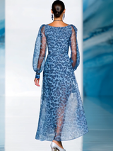 【24-hour shipping out】Elegant And Fashionable Chiffon Blue Leopard Print Long Sleeve V-neck Flowing Maxi Dress