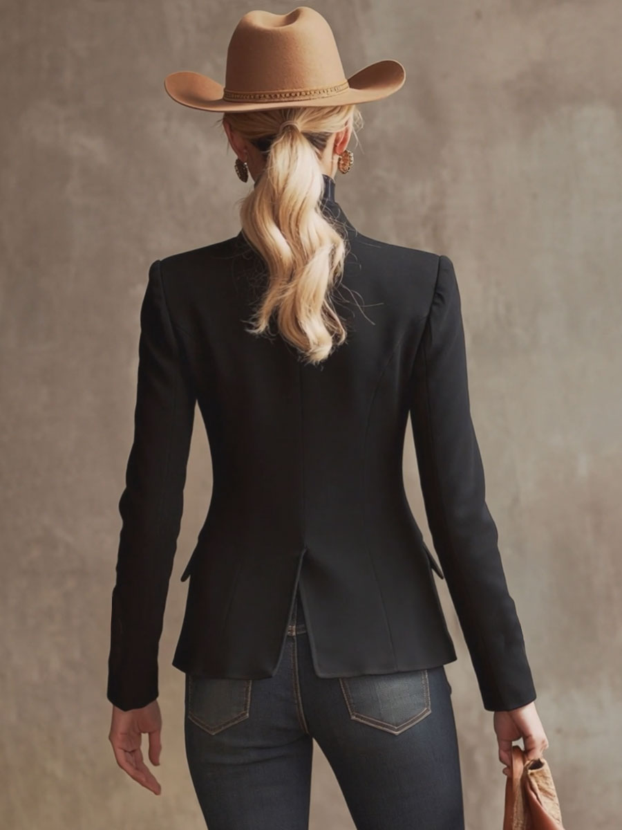 Stand Collar Single-breasted Rose Embroidered Woolen Blazer