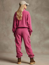 Casual Sporty Retro Rose Red Cotton Sweatshirt And Cargo Pants Set