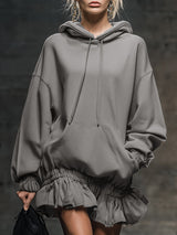 Casual And Fashionable Hooded Elastic Hem Gray Sweatshirt Mini Dress