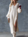 Comfortable Lazy Exquisite V-neck Metal Button White Imitation Rabbit Fur Knitted Side Slit Midi Dress