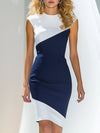 【24-hour shipping out】Elegant And Exquisite White And Blue Color Block Sleeveless Midi Dress