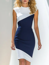 【24-hour shipping out】Elegant And Exquisite White And Blue Color Block Sleeveless Midi Dress