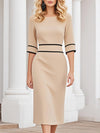 【24-hour shipping out】Elegant And Stylish Black Line Trim Khaki Midi Dress