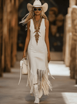 【24-hour shipping out】Casual Vintage Brown Embroidery White Denim Sleeveless Tassel Midi Dress