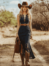 【24-hour shipping out】Vintage Bohemian Blue Lace Sleeveless Midi Dress