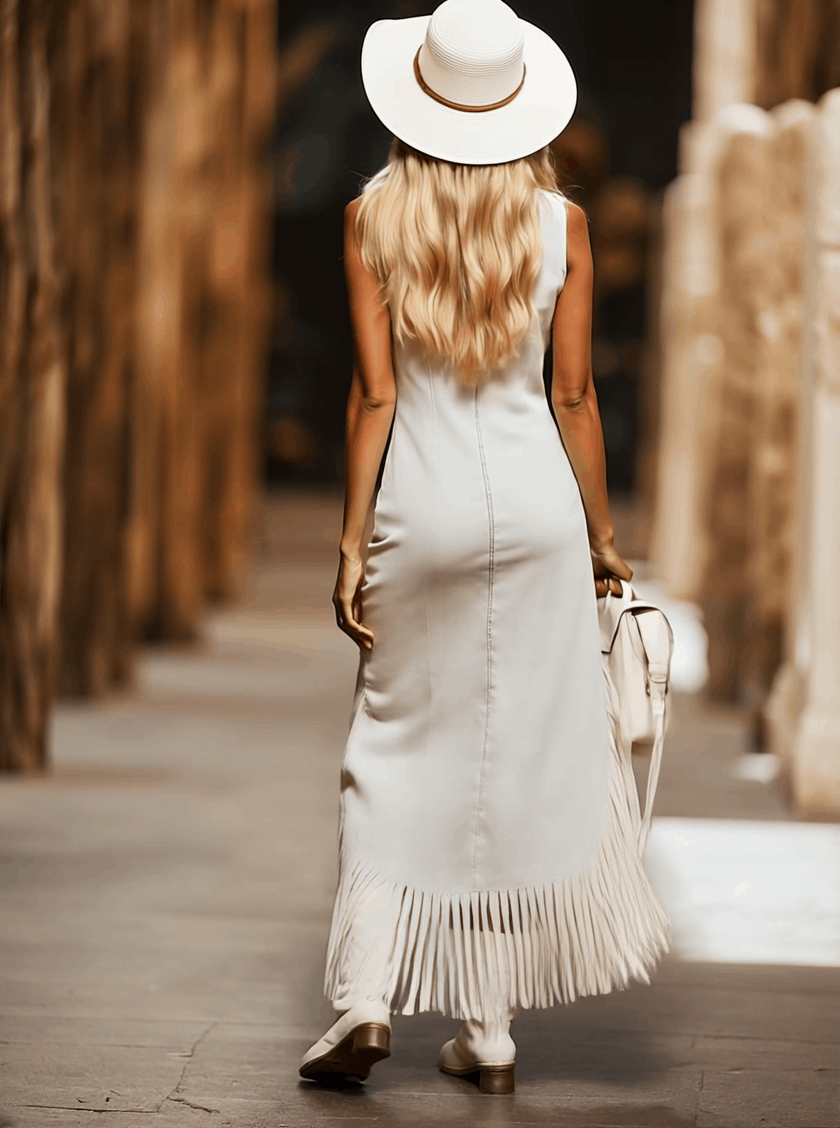 【24-hour shipping out】Casual Vintage Brown Embroidery White Denim Sleeveless Tassel Midi Dress