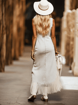 【24-hour shipping out】Casual Vintage Brown Embroidery White Denim Sleeveless Tassel Midi Dress