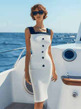 【24-hour shipping out】Summer Vacation Navy Blue Square Collar Button White Knitted Midi Dress