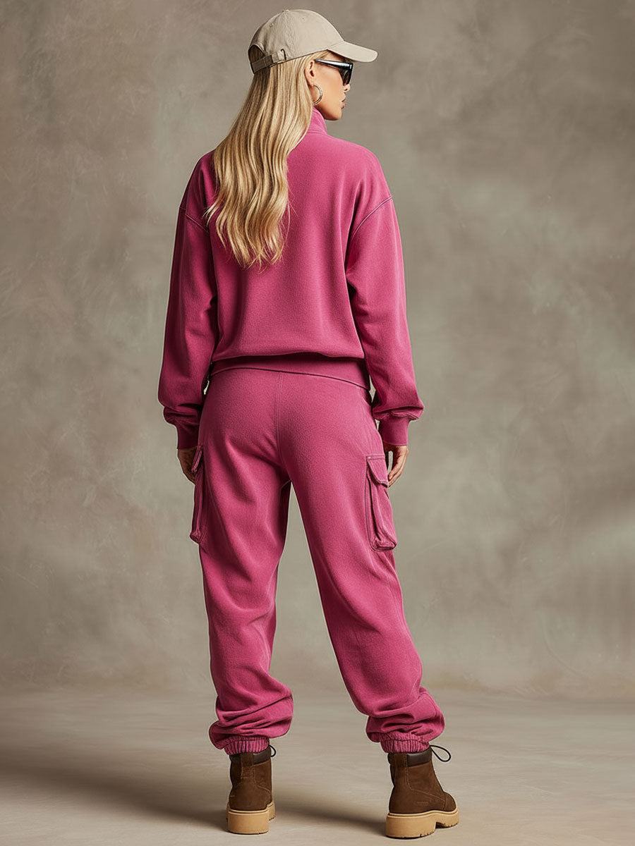 Casual Sporty Retro Rose Red Cotton Sweatshirt And Cargo Pants Set