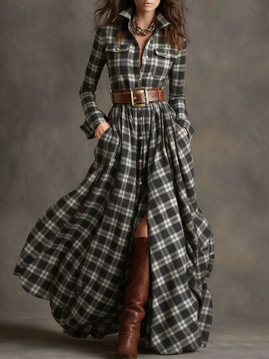 Retro Ethnic Style Lapel Reddish Brown Plaid Maxi Dress