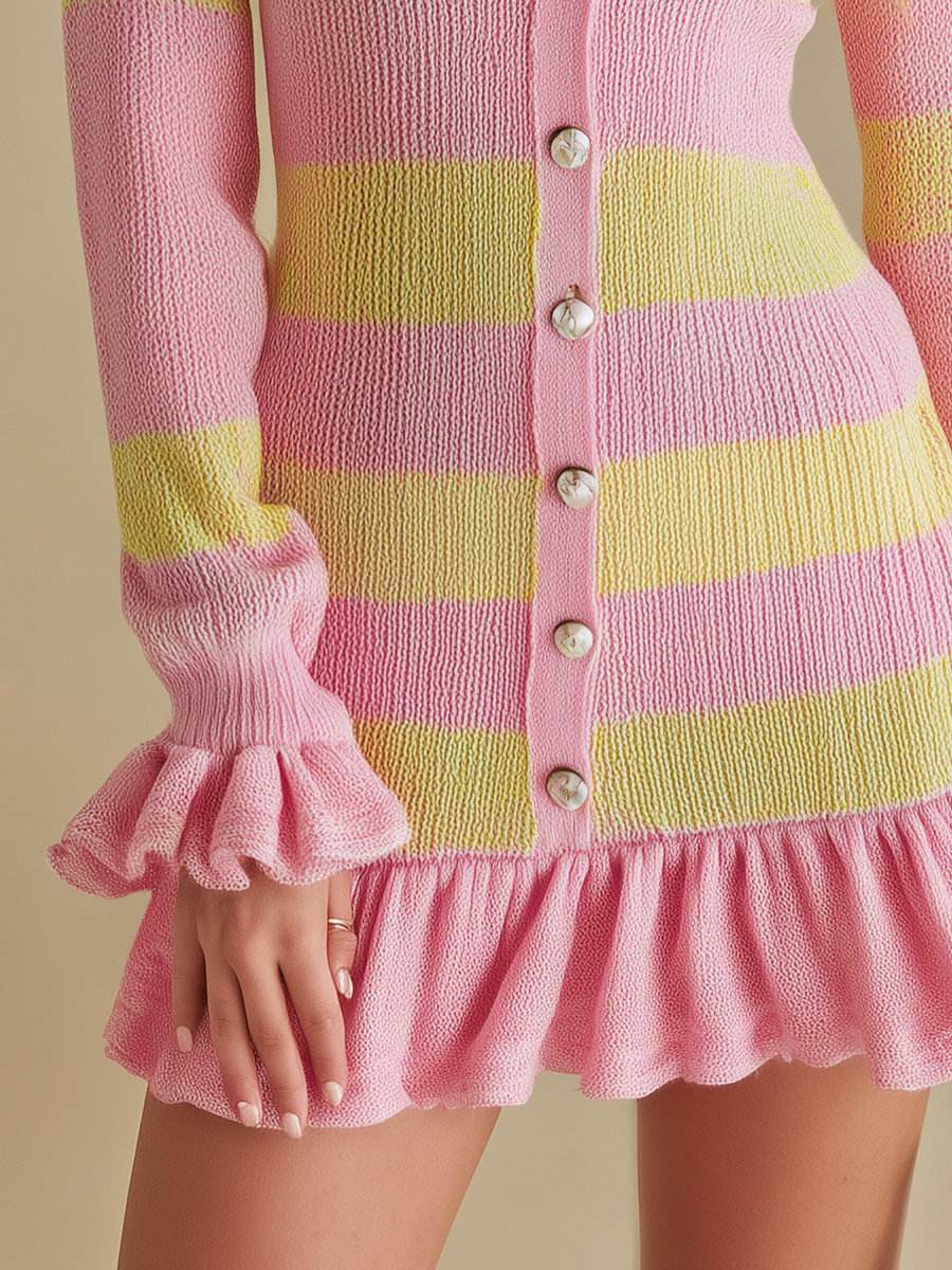 Sweet And Fresh Striped V-neck Ruffled Knit Mini Dress
