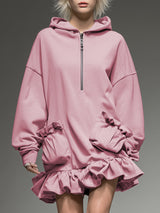 Casual Sporty Light Pink Hooded Loose Ruffle Mini Dress