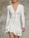 Elegant White Waffle-knit Mini Dress With Buttons And Ruffle Details
