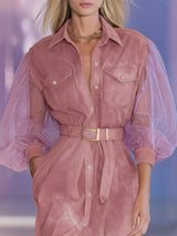 Retro Western Collar Sheer Long-Sleeved Pink Denim Midi Dress