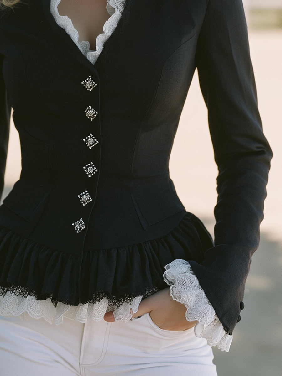 Elegant Black Cotton And Linen Blend LongWith Lace Detailing Coat