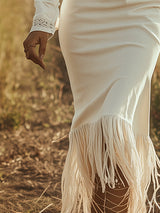 Vintage Western Cowboy Off-White Faux Denim Half-Zip Tassel Long-Sleeved Maxi Dress