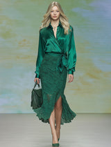 Stylish And Elegant Green Satin Blouse And Lace Skirt Set