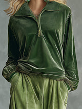 Trendy Retro Sporty Green Velvet Top And Leopard Print Wide-leg Pants Set