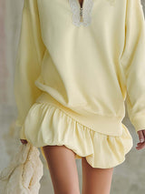 Elegant Fashion Lapel Front Zipper Bubble Hem Lace Trim Light Yellow Cotton Mini Dress