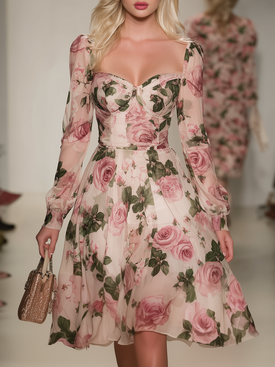 Vintage And Elegant Heart-shaped Neckline A-line Printed Chiffon Midi Dress