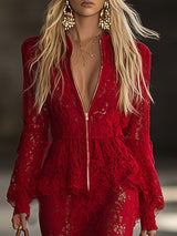 Fashion Western Long Sleeve Zipper V Neck Hem Ruffle Red Lace Maxi Dress