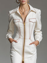 Fashionable Retro Long-sleeved White Denim Double-zip Midi Dress