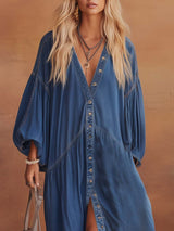 Vintage Oversized V-Neck Denim Maxi Dress