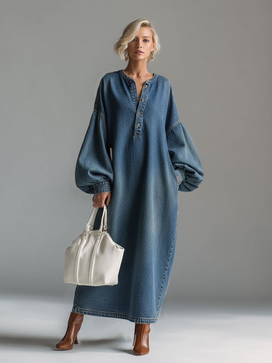 Elegant Urban-style Blue Denim Button-down Maxi Dress