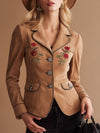 Vintage Western-style Embroidered Brown Lapel Faux Suede Blazer