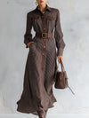 Vintage-style Collared Brown Striped Maxi Dress