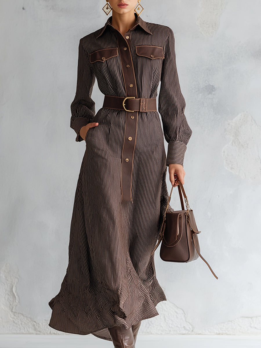 Vintage-style Collared Brown Striped Maxi Dress