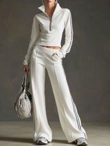 Sporty Retro Striped Webbing White Long-Sleeve Sweatshirt And Wide-Leg Pants Set