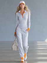Fashionable Sporty Gray-blue Long-sleeved Half-zip Top And Trousers Set