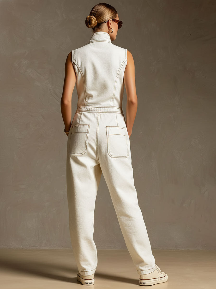Casual Retro White Denim Zip-up Sleeveless Wide-leg Jumpsuit