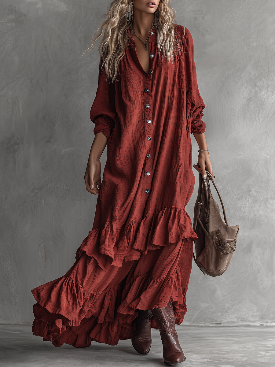 Vintage Western-style Ruffled Red Shirt Maxi Dress