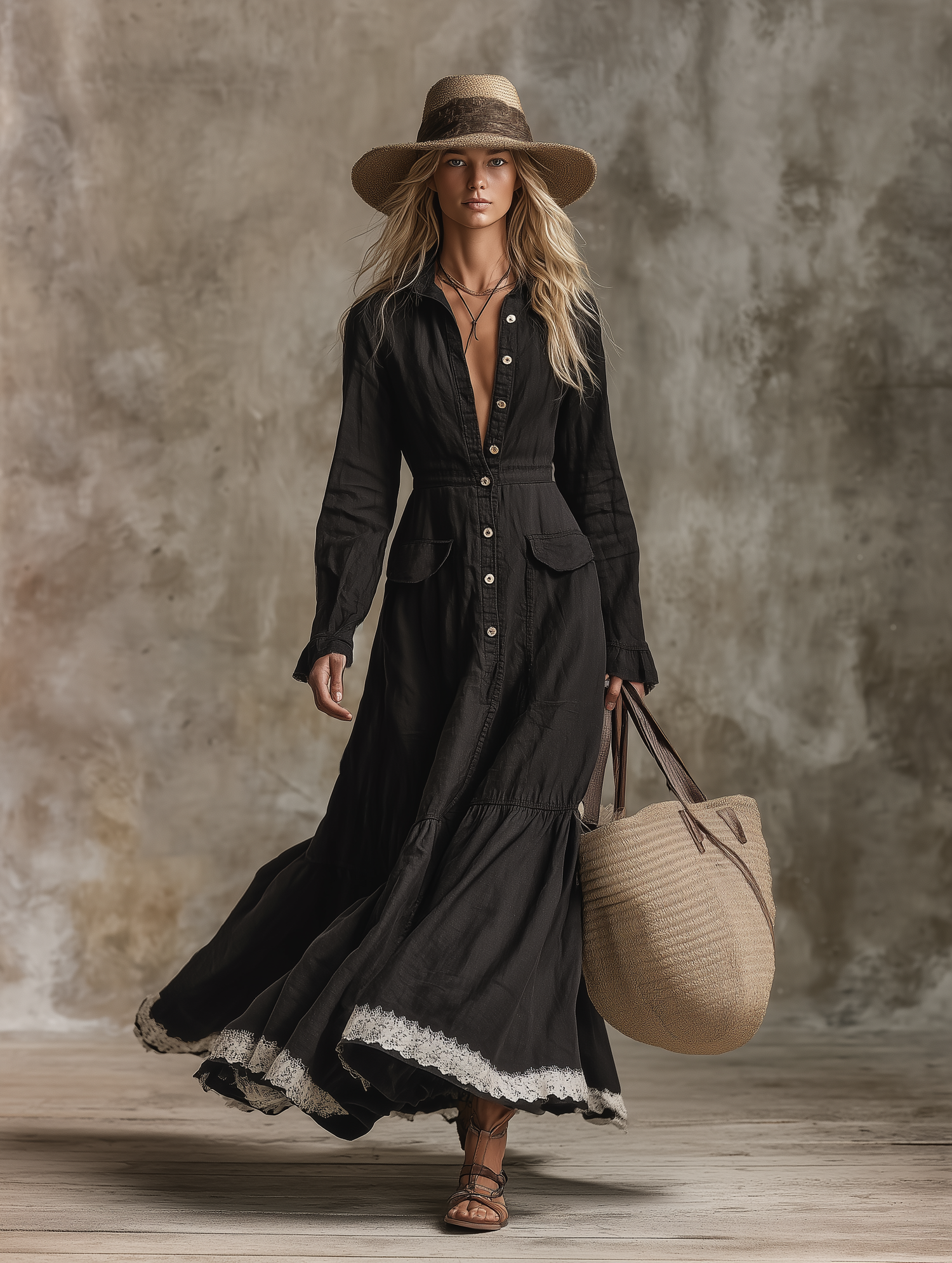 Western-style Black Linen With Button Closure And Lace Detailing Maxi Dress