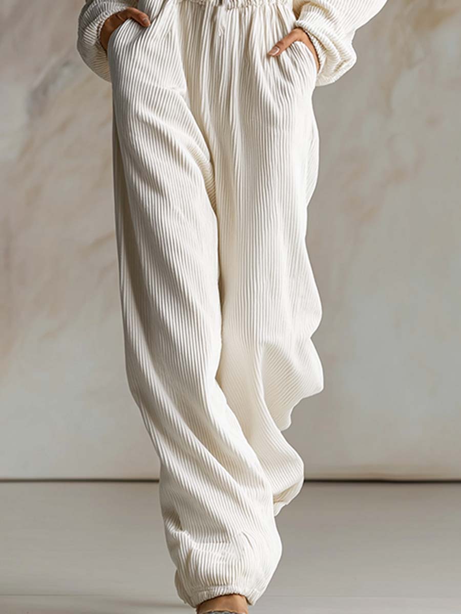 Casual Loose Fashionable White Corduroy Hooded Front Zipper Long Sleeve Jumpsuit