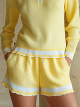 Round-neck Ruffle-trimmed Long-sleeved Top And Shorts Knitted Set