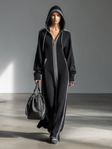 Stylish Black Knit Patchwork White Hooded Zip-up Maxi Dress