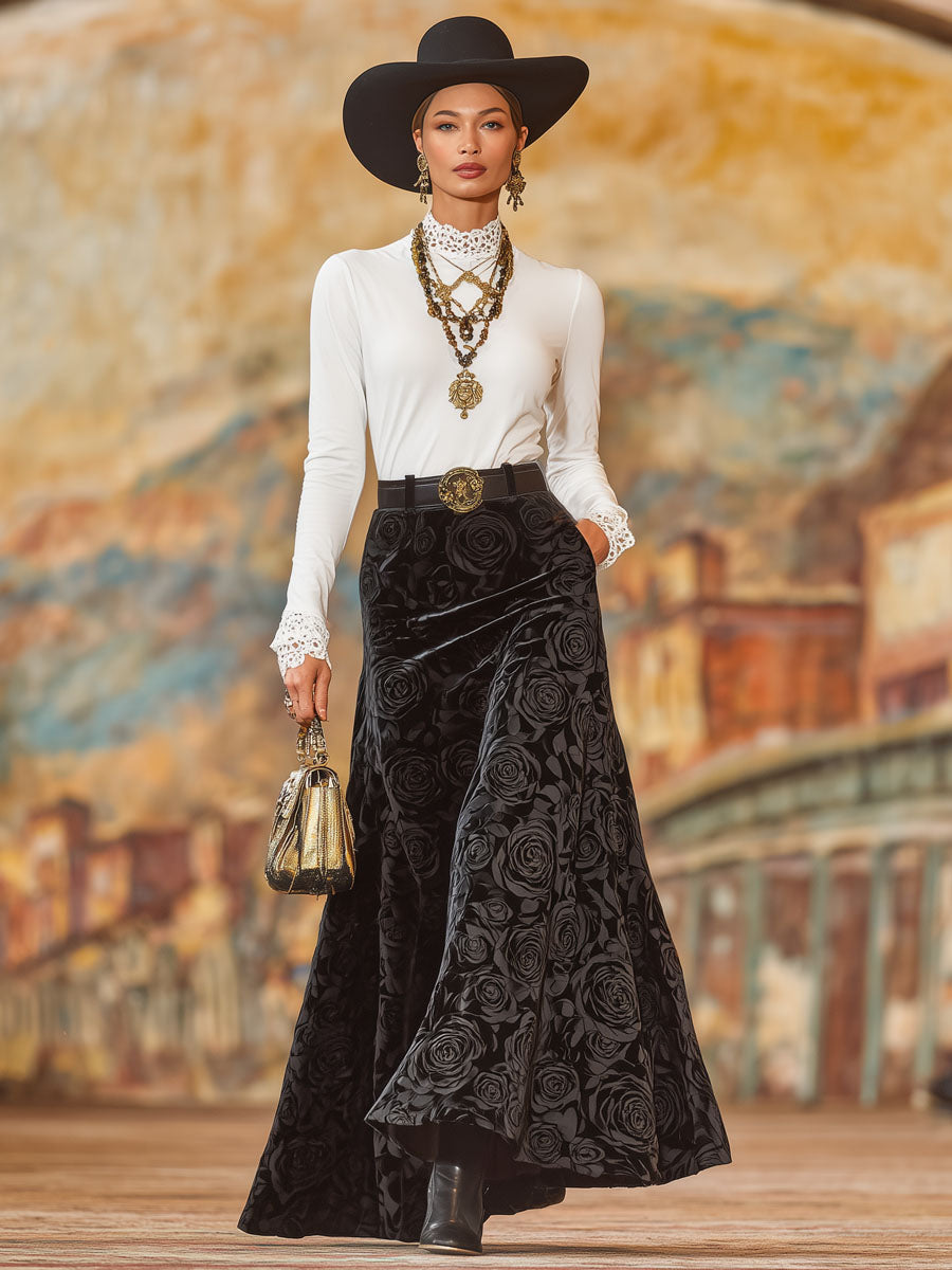 Black Rose Print A-line Velvet Skirt