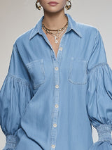 Lapel Collar Single-breasted Dropped-shoulder Puff-sleeved Denim Mini Dress