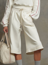 Sporty Retro Half-Zip Loose Long-Sleeve White Sweatshirt And Shorts Set