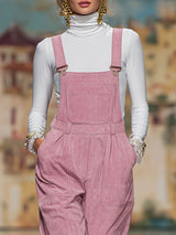 Pink Multi-pocket Ruffled Faux Suede Overalls