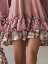 Retro Sporty Style Checkered Trim Powder Pink Sweatshirt Mini Dress