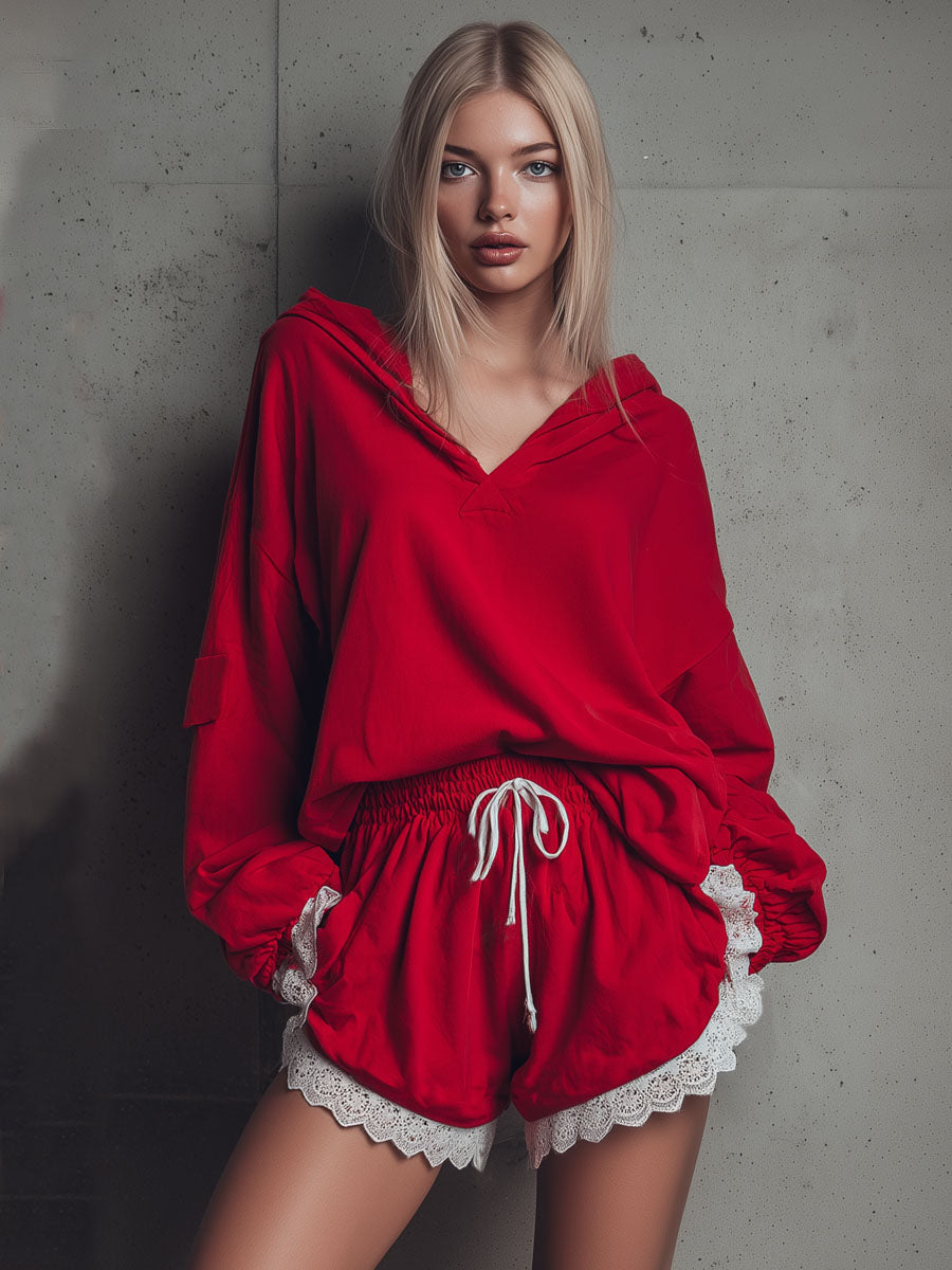 Lace-trimmed Loose-fitting Hooded Sweatshirt And Shorts Tracksuit Set