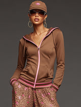 Sporty Retro Brown Hooded Sweatshirt With Leopard Print Chiffon Wide-Leg Pants Set