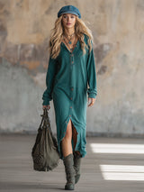 Stylish Vintage-inspired Blue-green Washed Cotton Sweatshirt Midi Dress