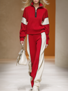 Retro Sports Style Contrast Color Knit Top And Pants Set
